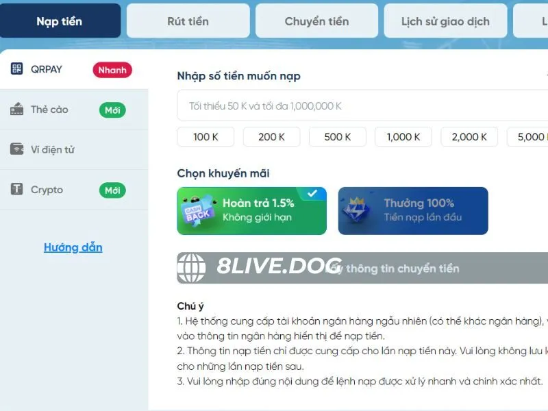 Nạp tiền 8live yêu cầu người chơi phải có tài khoản thành viên